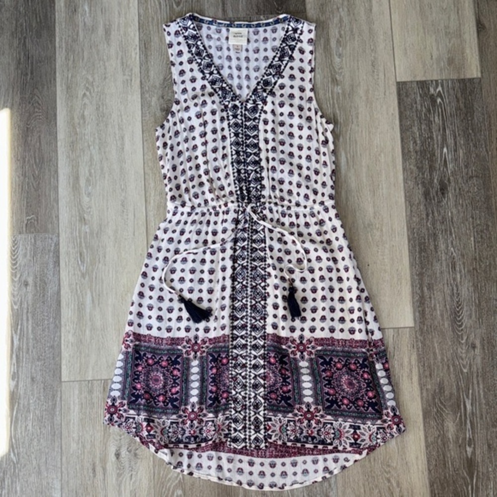 Knox Rose White Midi Dress with Pink & Navy Border Print NWOT